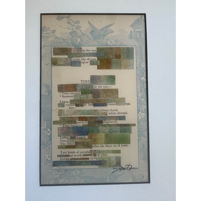 A contemplative mixed media collage created from vintage book pages, poetry fragments, and layered color studies. Soft...