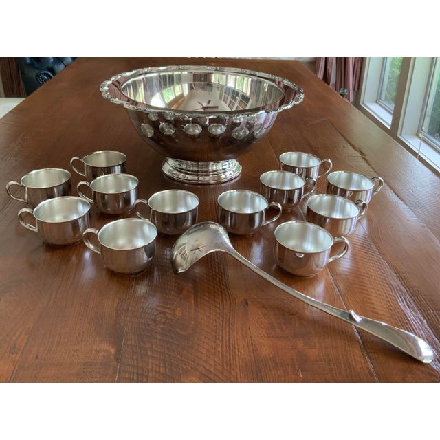 Oneida Vintage Oneida Silverplate Punch Bowl Set – 12 Cups & Ladle. See My Photos for Versatility! Traditional, Southern & Palm Beach Regency Hosting. For Sale - Image 4 of 12