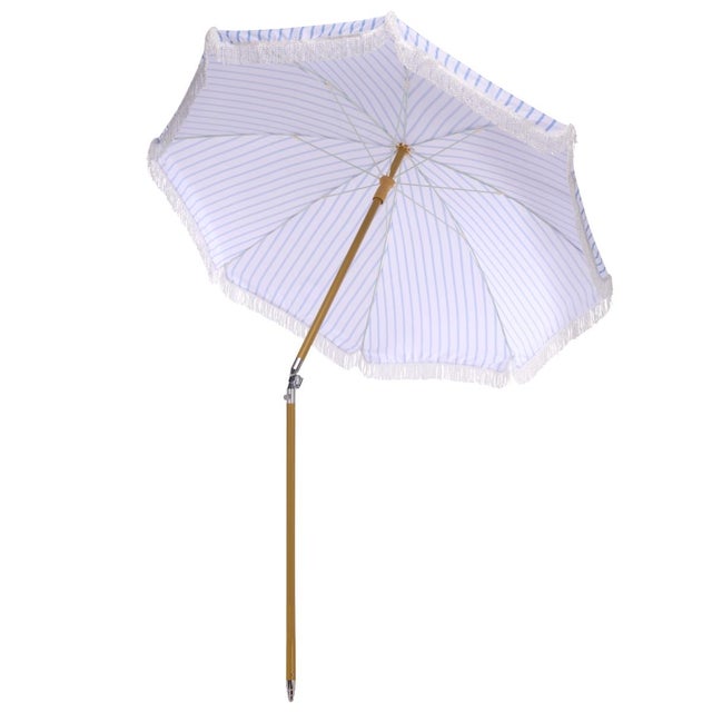 Bella 6.5 Ft Beach Fringed Umbrella, Baby Blue Bistro Stripe For Sale In Philadelphia - Image 6 of 8