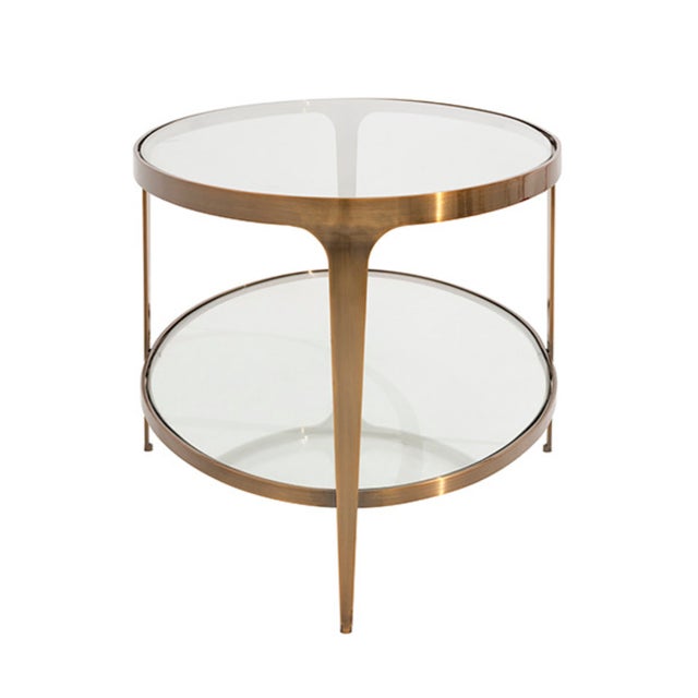 Worlds Away Matthew Izzo Home Brando Antique Brass Two Tier Oval Coffee Table With Glass Tops For Sale - Image 4 of 9