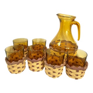 Vintage Amber Glass Pitcher & Six Tumblers With Woven Wicker Sleeves, Set of 7 For Sale