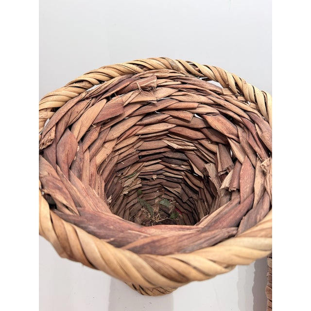 1980s Vintage Pair Woven Wicker Urn Style Pedestal Vases For Sale - Image 5 of 12