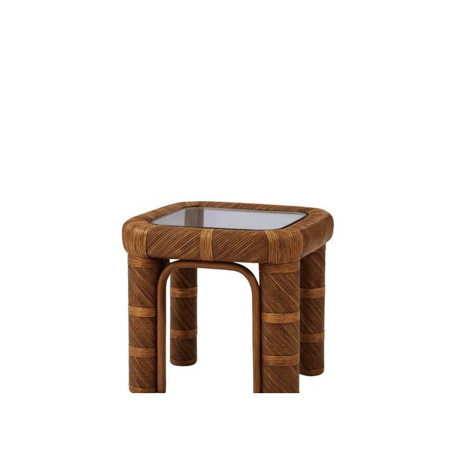 Ursula side table in stained rattan and tempered glass by popus editions dimensions: w 58 x d 58 x h 56 cm. Materials:...
