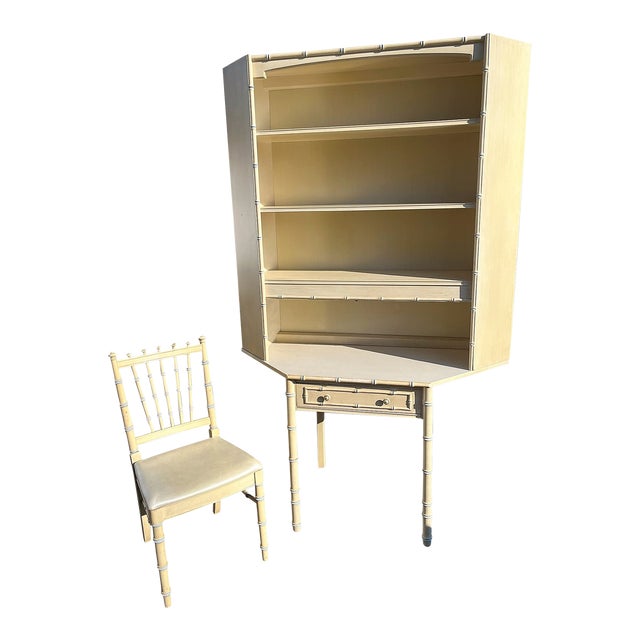 Vintage Thomasville Allegro Faux Bamboo Corner Desk with Shelving Hutch
