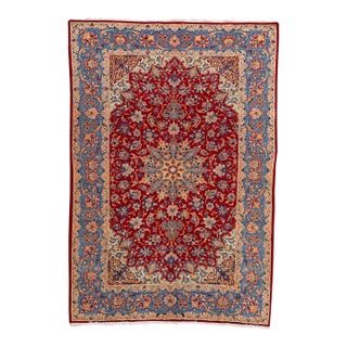 Vintage Persian Isfahan Handmade Red Floral Wool Rug For Sale