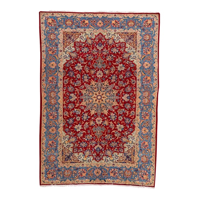 Vintage Persian Isfahan Handmade Red Floral Wool Rug For Sale