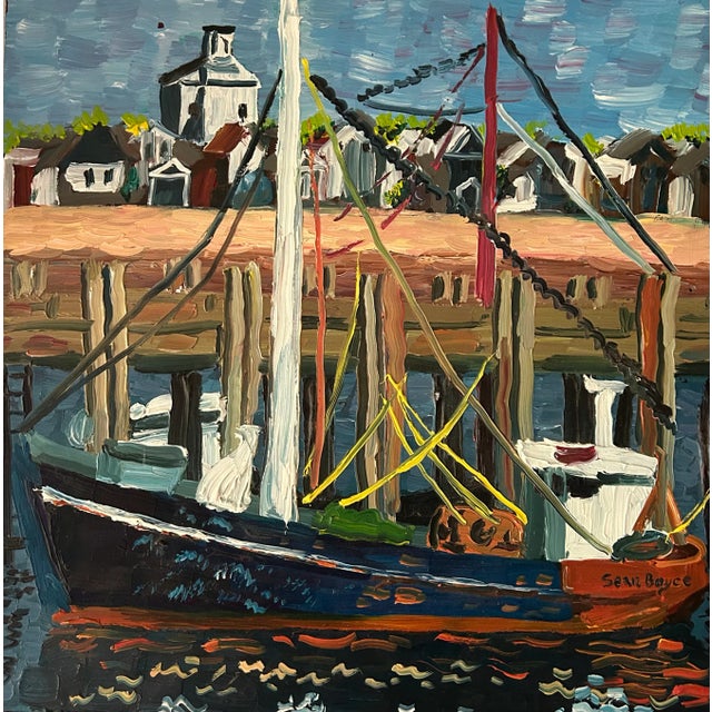 Late 20th Century Vintage Nautical Chic Harborscape Oil on Board by Carla Bee For Sale - Image 5 of 5