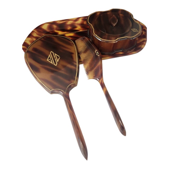 Art Deco Pyralin “La Belle” Tortoiseshell Vanity Dressing Set, Circa 1930s, Usa For Sale