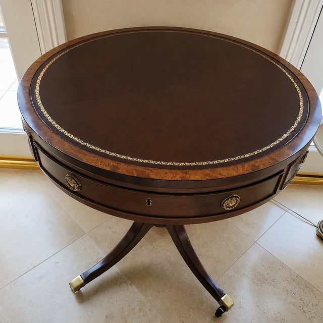 Henredon Mahogany Leather Drum Table For Sale In San Diego - Image 6 of 6
