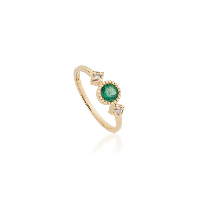 Not Yet Made - Made To Order Round Emerald Trilogy Vintage Ring With Diamonds in 14k Yellow Gold Size 9 For Sale - Image 5 of 18
