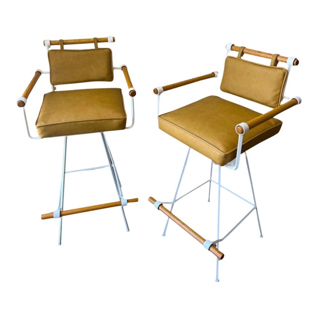 1960s Vintage Mid Century Modern Inca Attributed to Cleo Baldon Swivel Wrought Iron Oak Barstools - Set of 2 For Sale