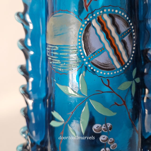 Auguste Jean Antique Blue Footed Vase Art Nouveau Enamel Paint Berries Tall 12" For Sale - Image 13 of 17