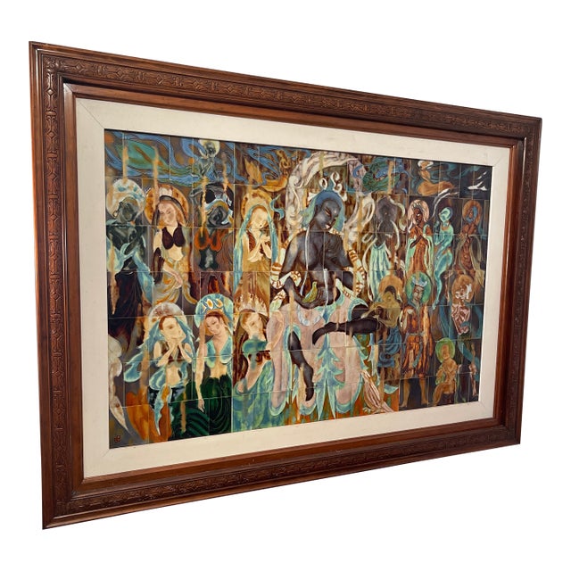 Monumental Large National Treasure Artist Lin Chih-Hsin Artist Name Lin Zhi B. 1936 , Dunhuang Cave Ceramic Style Mural Triptych’s 82x58x3.5 , 1970’s For Sale