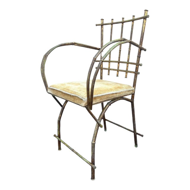1950s Gilt Hollywood Regency Faux Bamboo Metal Arm / Vanity Chair For Sale