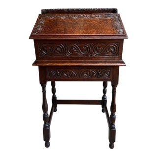 Antique English Slant Front Desk Display Stand Jacobean Carved Tiger Oak Lectern For Sale
