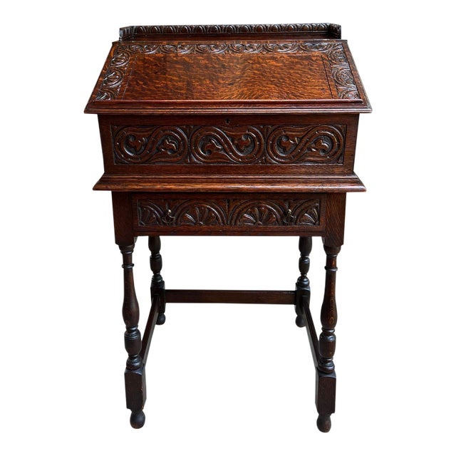 Antique English Slant Front Desk Display Stand Jacobean Carved Tiger Oak Lectern For Sale