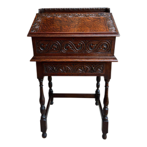 Antique English Slant Front Desk Display Stand Jacobean Carved Tiger Oak Lectern