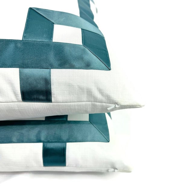 White White With Dark Smokey Blue Ribbon Embellished Pillow Cover - 20" X 20" Fretwork Greek Key Ribbon Cushion Case For Sale - Image 8 of 8