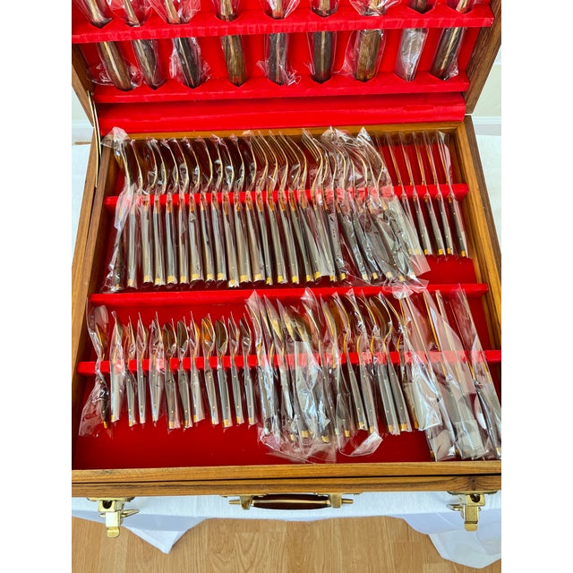 Vintage MidCentury Thailand Bronze Flatware Set in Teak Case 143