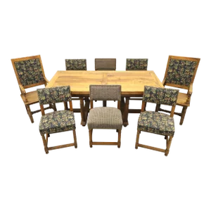 Antique 19th Century Fruitwood French Provincial Drawtop Dining Table + 8 Chairs
