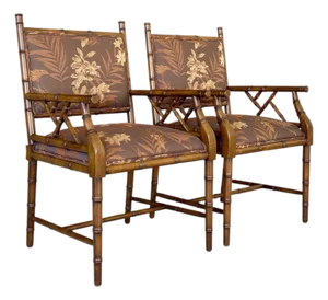 Coastal Regency Faux Bamboo Armchairs With Tropical Upholstery-Pair