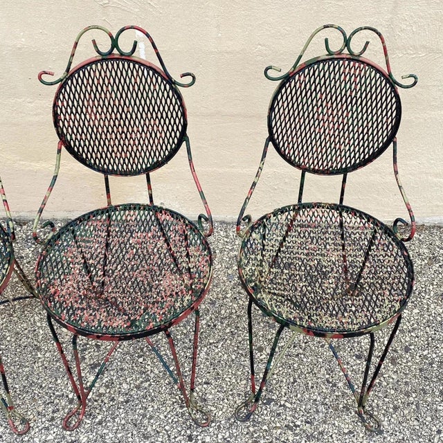 Vintage Victorian Style Small Wrought Iron Camo Paint Garden Patio Chair - Set 4 For Sale - Image 4 of 12