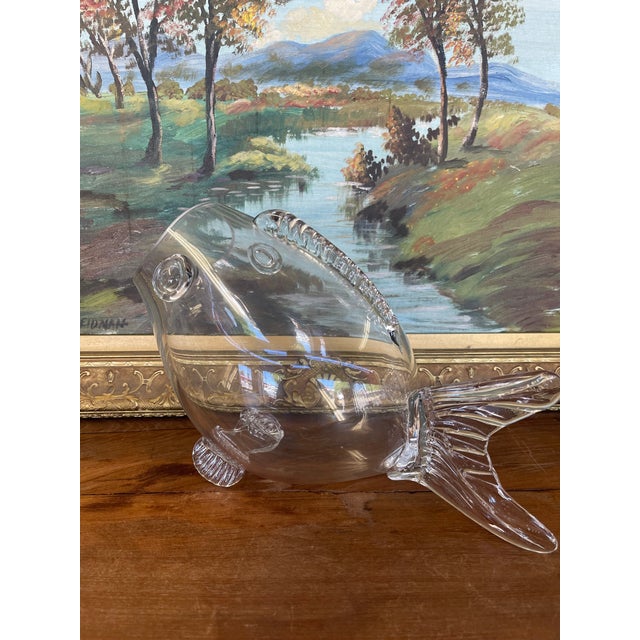Mid Century Hand-Blown Clear Glass Fish Vase by Blenko Style - Sculptural Studio Art Glass Vessel. For Sale - Image 4 of 10