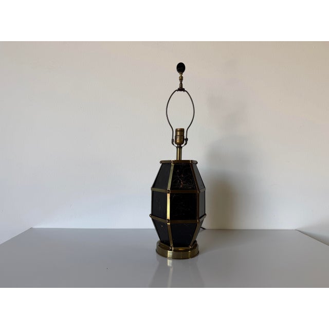 Vintage Hollywood Regency Brass & Black Leather Geometric Table Lamp For Sale In Miami - Image 6 of 13
