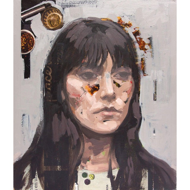 The artwork presents a portrait of a young woman, her expression conveying a sense of introspection and contemplation....
