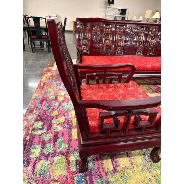 Vintage Chinese Rosewood Armchair With Hand-Carved Dragon Medallion and Red Silk Cushion For Sale - Image 9 of 10