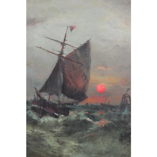 Paint Twentieth Century Blue Toned Sunset Seascape of Boat in Wavy Seas Painting For Sale - Image 7 of 10
