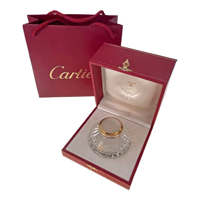 Must De Cartier Crystal & Tri-Color Mixed Metal Inkwell France 1989 Original Red Leather Box With Cartier Bag For Sale