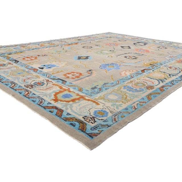 52798 Colorful Vintage Oushak Turkish Rug, 10'00 x 13'04. Like a garden blooming beneath the Anatolian sun, this hand-...