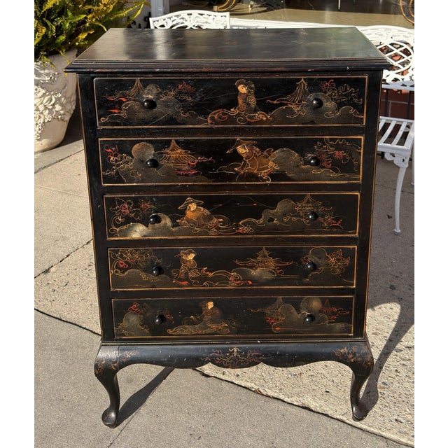 Chinoiserie Antique Chinoiserie Black & Gold Tall Chest of Drawers For Sale - Image 3 of 6