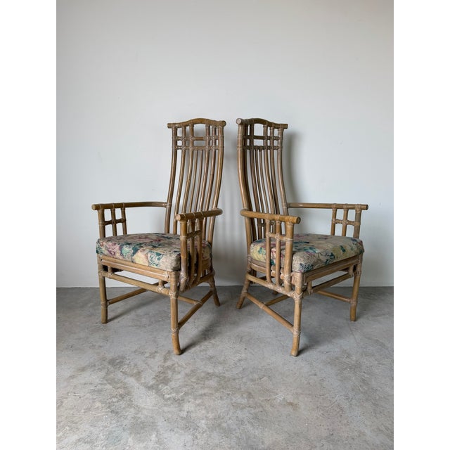 Mid-Century Modern Vintage Coastal Organic Rattan and Leather Arm Dining Chairs – A Pair For Sale - Image 3 of 12