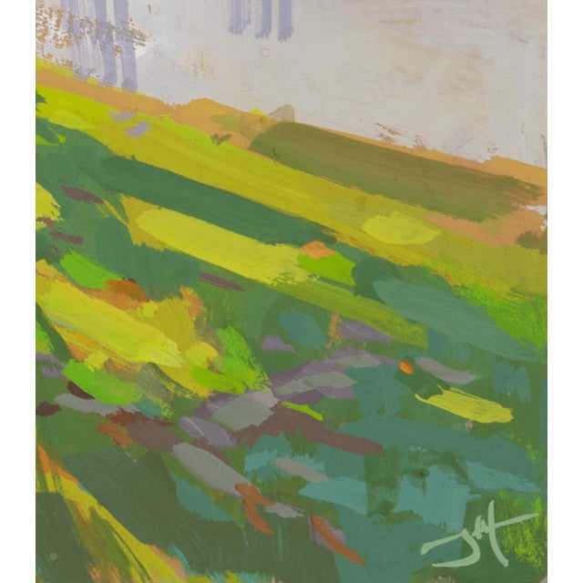 In "Shoreline Shade," vibrant strokes of gouache capture the interplay of light and shadow beneath a tree, casting an...