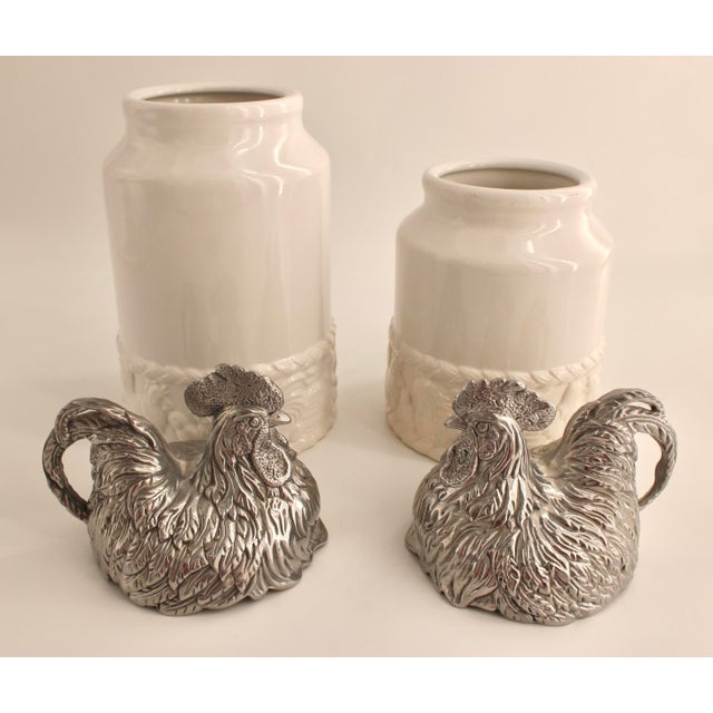 Pair of Arthur Court White Ceramic Canisters With Rooster Lids, 12” & 10.5” For Sale In Dallas - Image 6 of 7