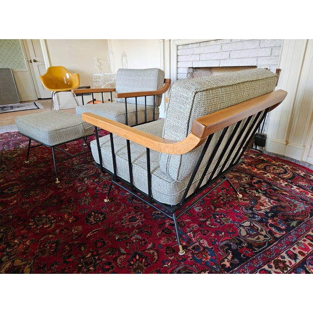 Metal 1950s MCM Attributed to Richard McCarthy by Selrite Wrought Iron Chair Set With Matching Ottoman For Sale - Image 7 of 12