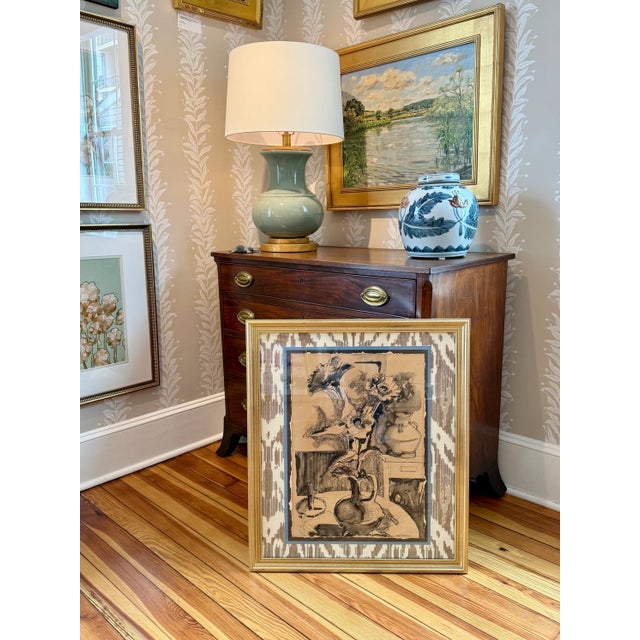 American Early 20th Century Ruth Bunny Baldwin Floral Mixed Media Still Life on Ikat Cowtan and Tout Fabric in Gold Frame For Sale - Image 3 of 7