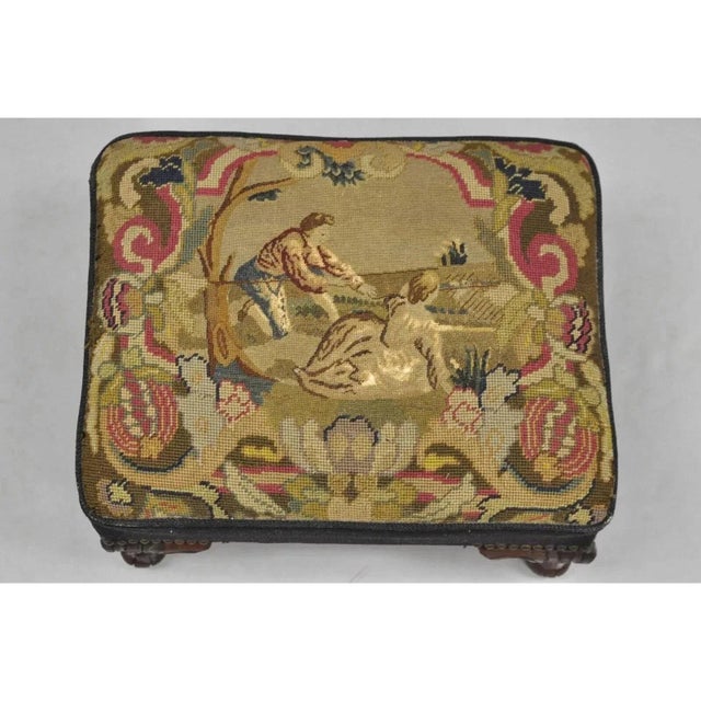 Antique French Figural Needlepoint Box Footstool Ottoman on Mahogany Legs. Believed to be a vintage custom made item using...