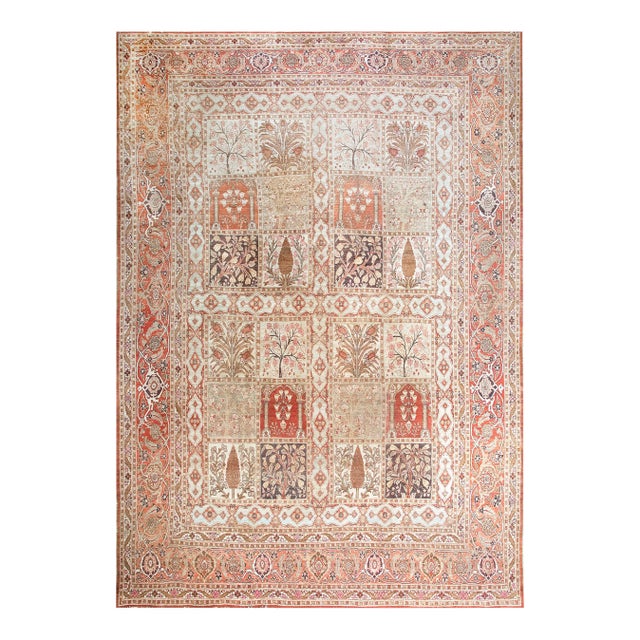 1900s Ivory Garden Antique Persian Tabriz Rug 11' X 15'10" Handknotted Wool Carpet For Sale