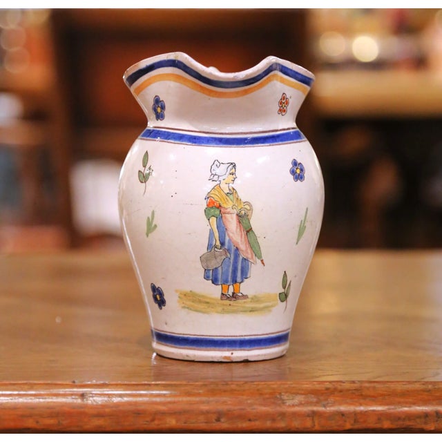 Blue Pair of 19th Century French Quimper Faience Jugs With Breton Figures and Floral For Sale - Image 8 of 13