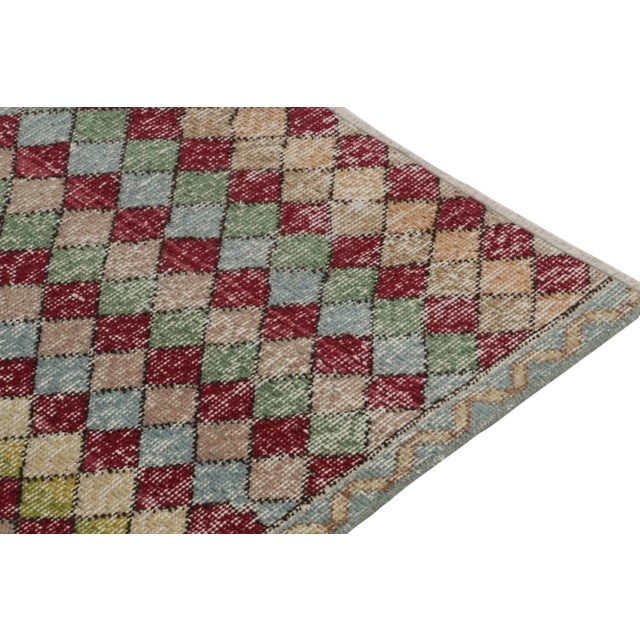 1960s 1960s Vintage Distressed Deco Rug in Blue, Multicolor Geometric Pattern For Sale - Image 5 of 8