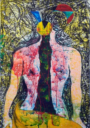R Navarro Abstract Figure Woman Emerging Oil on Cardboard 2000