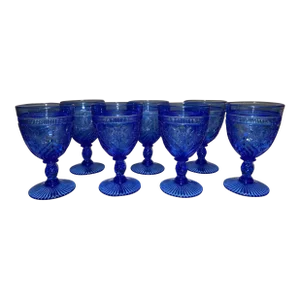 Set of 7 Intense Blue Early American Pattern Glass Floral Wine Goblets