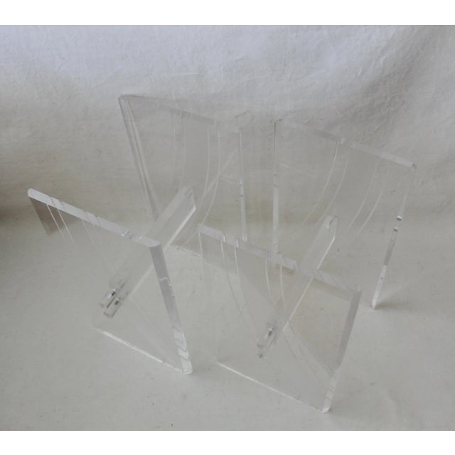 Mid-Century Modern 1980s Lucite Acrylic Clear Frosted Bolt Slab Style End Side Tables Bases- a Pair For Sale - Image 3 of 8
