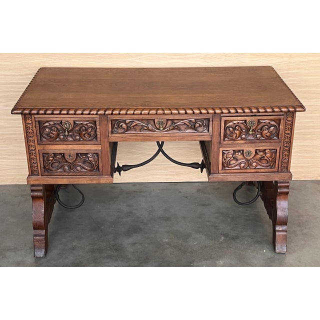 Late 19th Century 19th Century Spanish Baroque Style Two Faces Oak Library Table or Desk, 1890 For Sale - Image 5 of 11