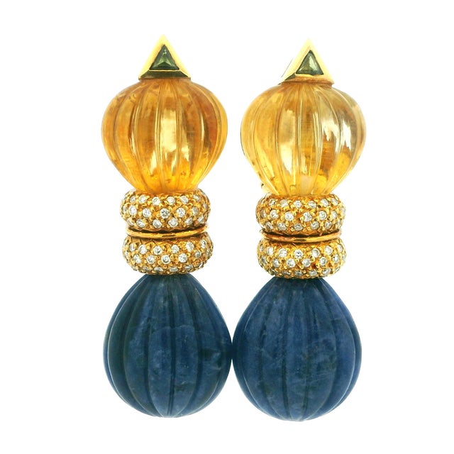 1980s Italian Carved Lapis Topaz Diamond 18k Gold Drop Earrings, Pair For Sale - Image 15 of 17