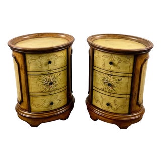 Louis XV Style French Provincial Hand Painted Oval Shaped Nightstand, a Pair For Sale