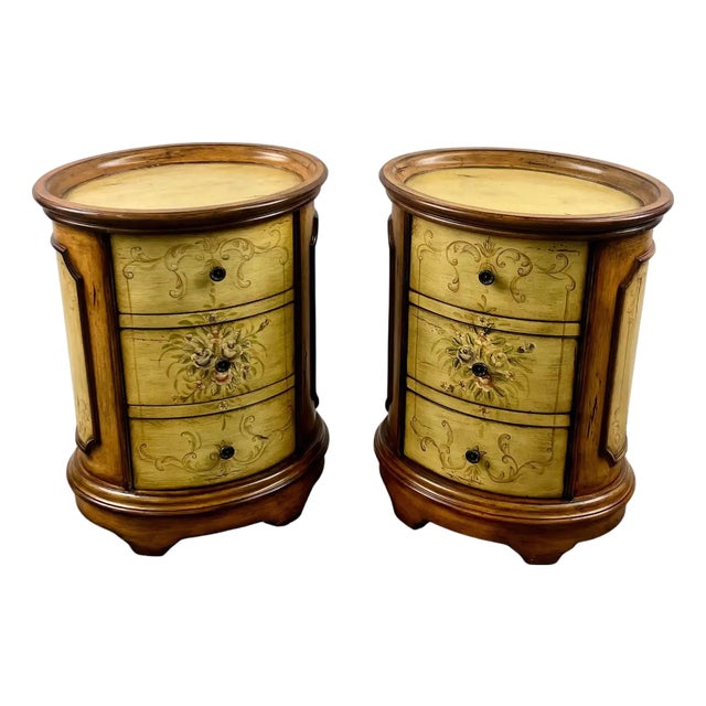 Louis XV Style French Provincial Hand Painted Oval Shaped Nightstand, a Pair For Sale